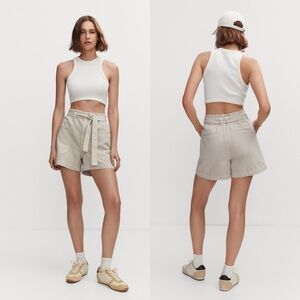 Mango Beige Paperbag Waist Shorts XL Belted High Rise Casual Chic